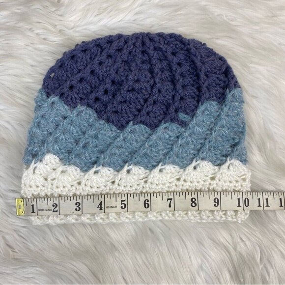 Handmade Women's NEW Braided Virgin Wool Knit Beanie - White Light Blue and Blue - Picture 10 of 12